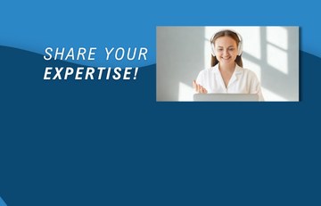 A blue and purple background with "Share Your Expertise" on the left and a woman at her computer on the right