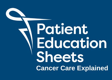 blue background with white text that reads Patient Education Sheets, Cancer Care Explained