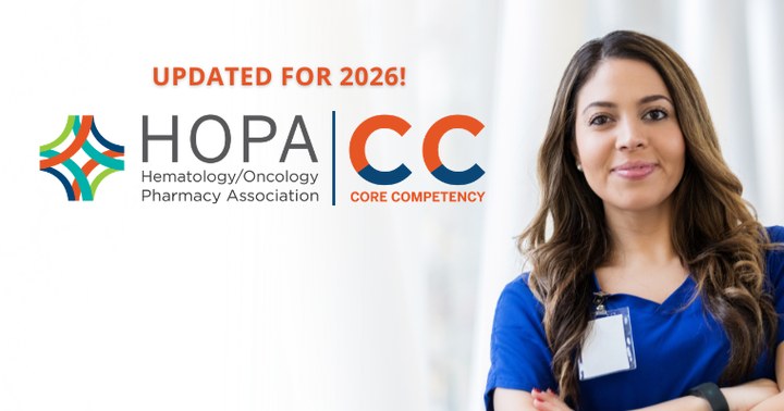 A woman standing next to the Core Competency logo