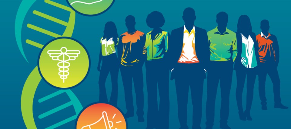 The cover to the HOPA Book of Letters, with silohouettes of pharmacists with DNA and graphics off to the left side