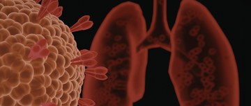 An image of a cancer cell and lungs in red