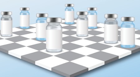 The cover of HOPA News, showing a chess board with vials of medicine as the pawns