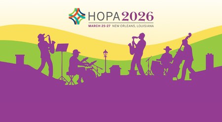 HOPA Annual Conference 2026 logo with a band and a skyline in purple in front of green and yellow waves