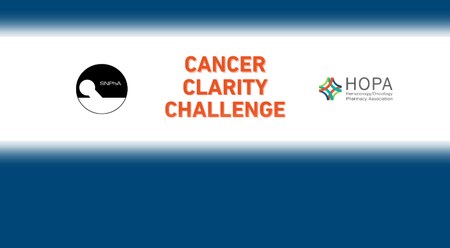 The words Cancer Clarity Challenge in orange on a white background with the two logos for SNPhA and HOPA