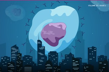 An image of a cell looming over a city skyline