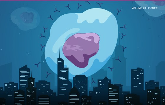 A giant cell floating above a city