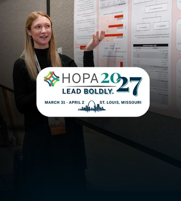 A woman presenting at Annual Conference with the HOPA 2027 logo